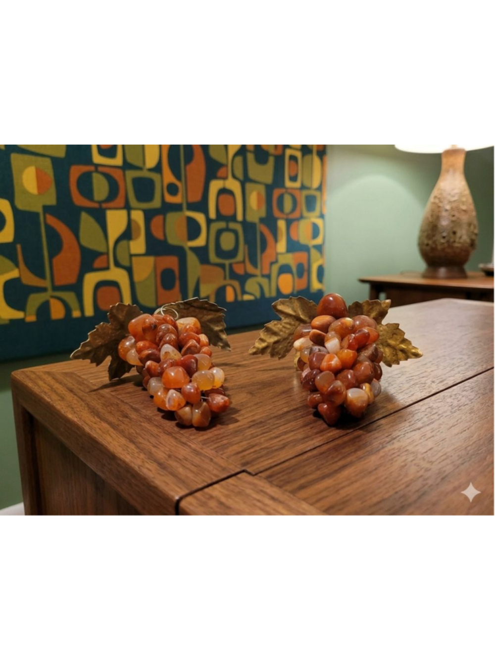 Vintage Carnelian Stone Grape Cluster Set Brass Leaves Gemstone Decor Pair